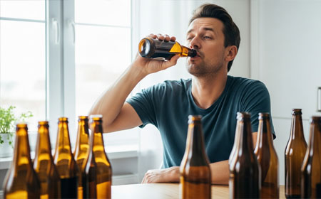 Мужчина сидит на кухне и выпивает